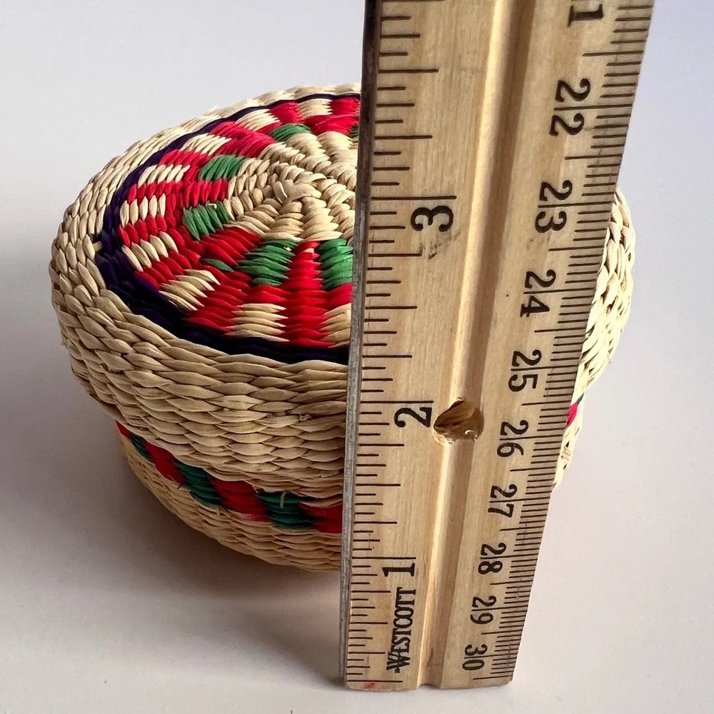 Vintage Handwoven Straw Trinket Basket with Lid Red Green Purple Boho Decor